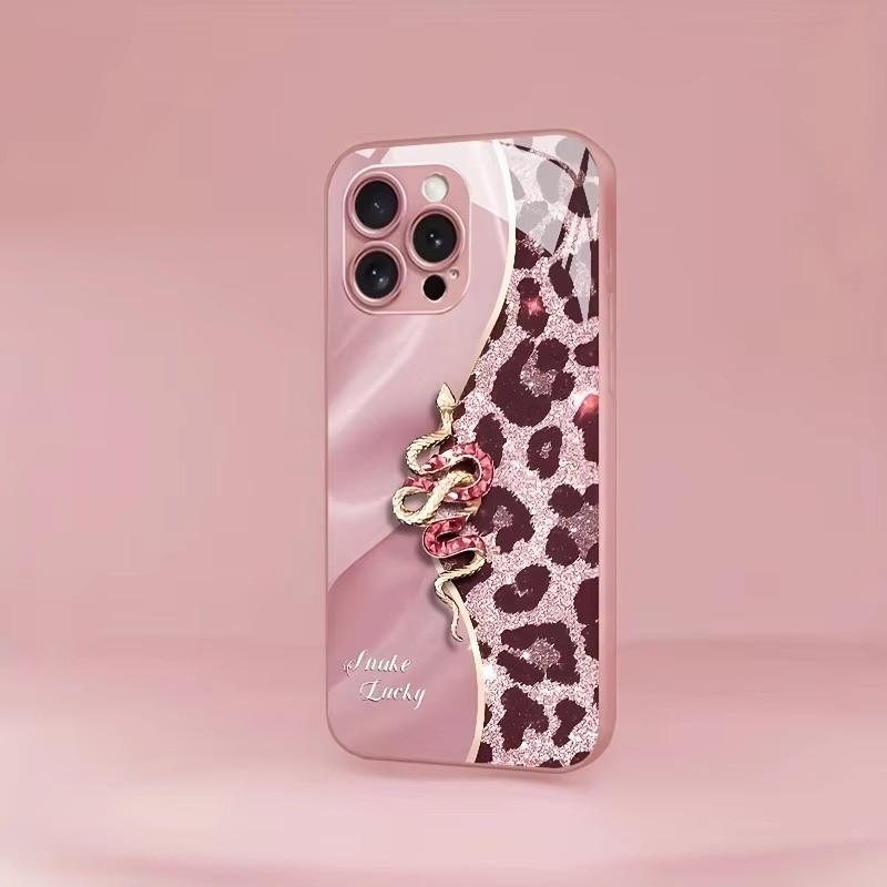 Ốp Điện Thoại Thủy Tinh Sơn Kim Loại Da Báo In Hình Con Rắn Vàng Cho iPhone 17 16 15 14 13 12 11 Pro Max Plus 16E 17Air Cover