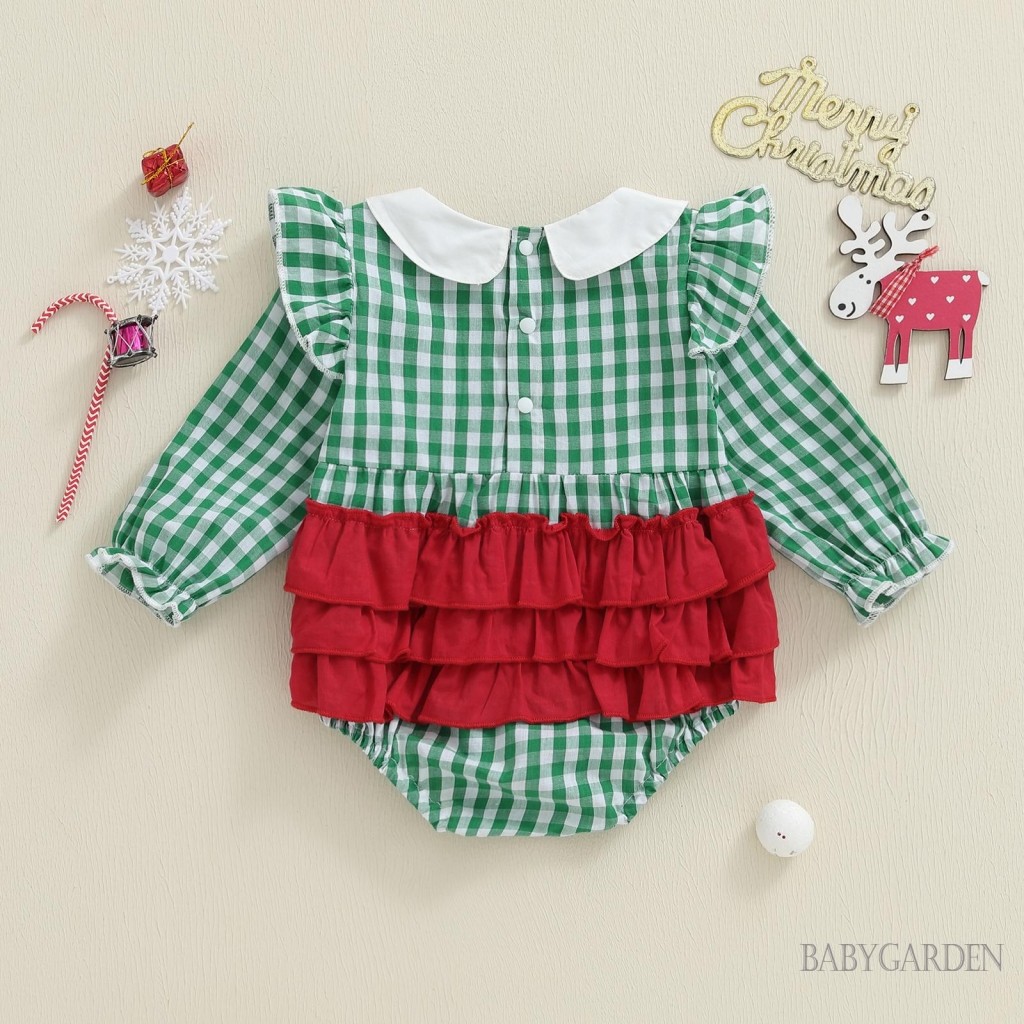 Bé Gái Giáng Sinh Áo Liền Quần Kẻ Sọc In Ông Già Noel Thêu Tay Dài Cổ Búp Bê Jumpsuit