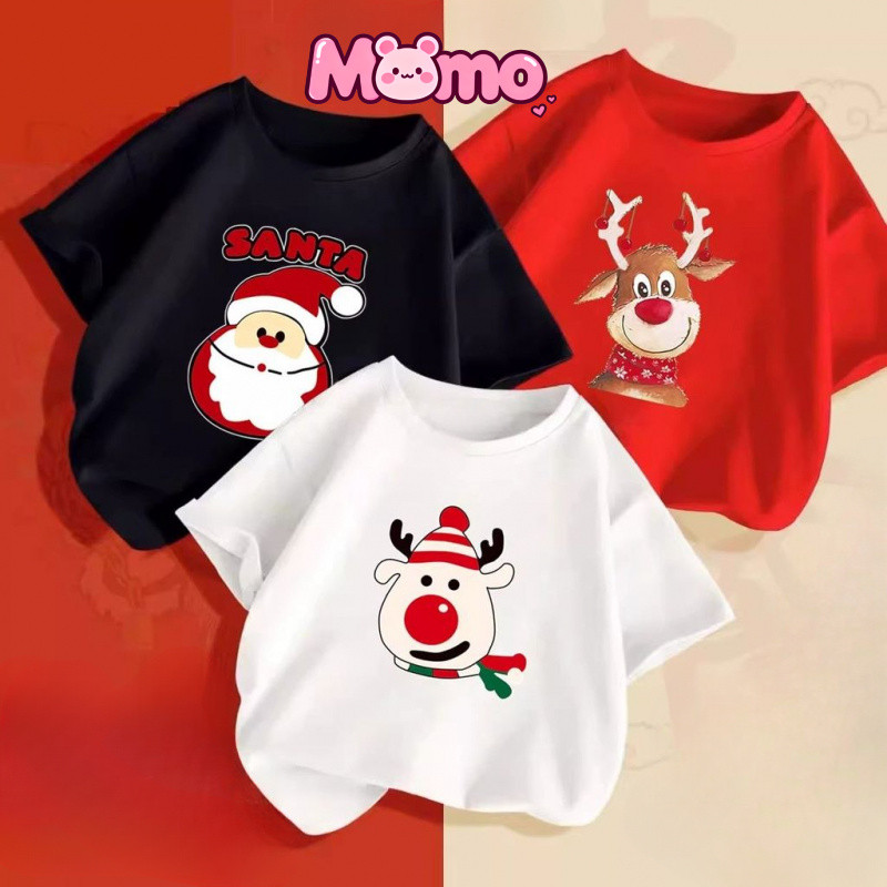 Giáng Sinh Trẻ Em Quần Áo Cotton Nguyên Chất Áo Thun Tay Ngắn Mới In Hươu Bé Trai Và Bé Gái Đỏ Giáng Sinh Tay Ngắn
