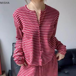 Misa Phong Cách Hàn Quốc Hoa Hồng Sọc Đỏ Bộ Đồ Ngủ Nữ Dài Tay Quần Cardigan Mặc Ngoài Bộ Quần Áo Gia Đình