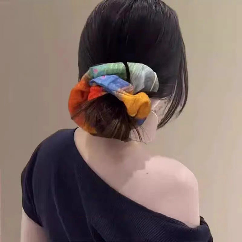 Scrunchy tóc handmade boho retro màu xanh vàng từ ramie