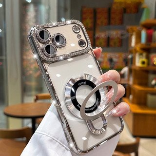 Ốp lưng iPhone đính đá lấp lánh, chống sốc, bảo vệ camera, giá đỡ gập, sạc từ tính cho 17 Air 16 15 14 13 12 11 Pro Max