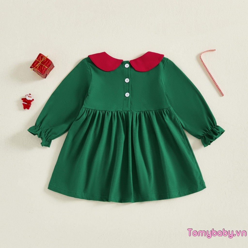 Trẻ Em Bé Gái Váy Giáng Sinh Tay Dài Cổ Búp Bê Thêu Ông Già Noel Mùa Thu Váy