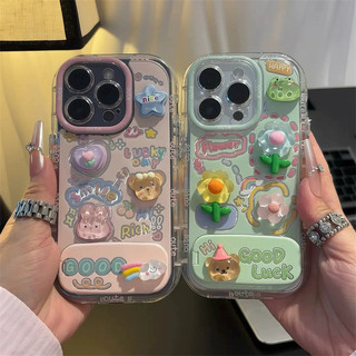 Vỏ Gương Gấu Hoa 3D Dễ Thương + Dây Xích + Giá Đỡ Cho IPhone 16 11 15 14 13 12 Pro Max X Xr Xs Max 7 8 Plus Vỏ Điện Thoại Bảo Vệ Ống Kính Chống Sốc Mềm Vỏ Đen