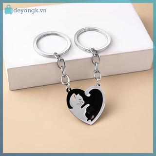 Deyangk 1 Cặp Móc Khóa Màu Đen Dễ Thương Chắp Vá Trái Tim Tròn Cặp Đôi Người Yêu Móc Khóa Ba Lô Thép Không Gỉ Chìa Khóa Xe Ô Tô Nhẫn Trang Sức VN