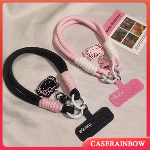 Hoạt Hình Dễ Thương Hello Kitty Mèo Con Cá Điện Thoại Di Động Ngắn Dệt Đeo Tay Túi Đeo Tay
