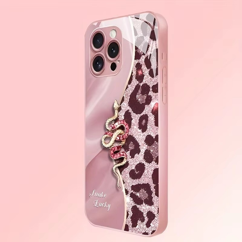 Ốp Điện Thoại Thủy Tinh Sơn Kim Loại Da Báo In Hình Con Rắn Vàng Cho iPhone 17 16 15 14 13 12 11 Pro Max Plus 16E 17Air Cover