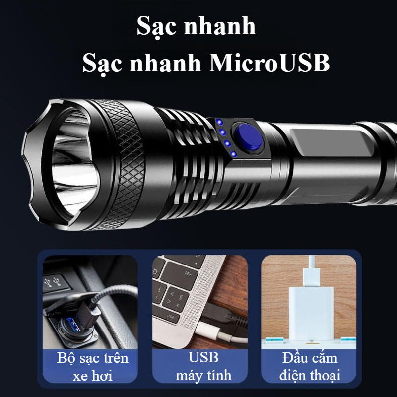 Đèn Pin Siêu Sáng 500m - Pin lithium khỏe, 3 chế độ sáng, khả năng chống nước, hoàn hảo cho dã ngoại
