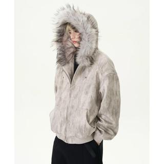 Áo khoác cotton nam ESEA phong cách Nhật Bản có mũ trùm đầu và cổ lông, thiết kế buộc dây phù hợp unisex