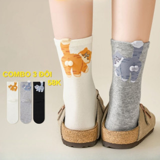 Combo 3 tất cotton họa tiết mèo dễ thương, chất liệu bông cao cấp mềm mịn, co giãn thoáng khí, bền màu Life Plus - TGN06