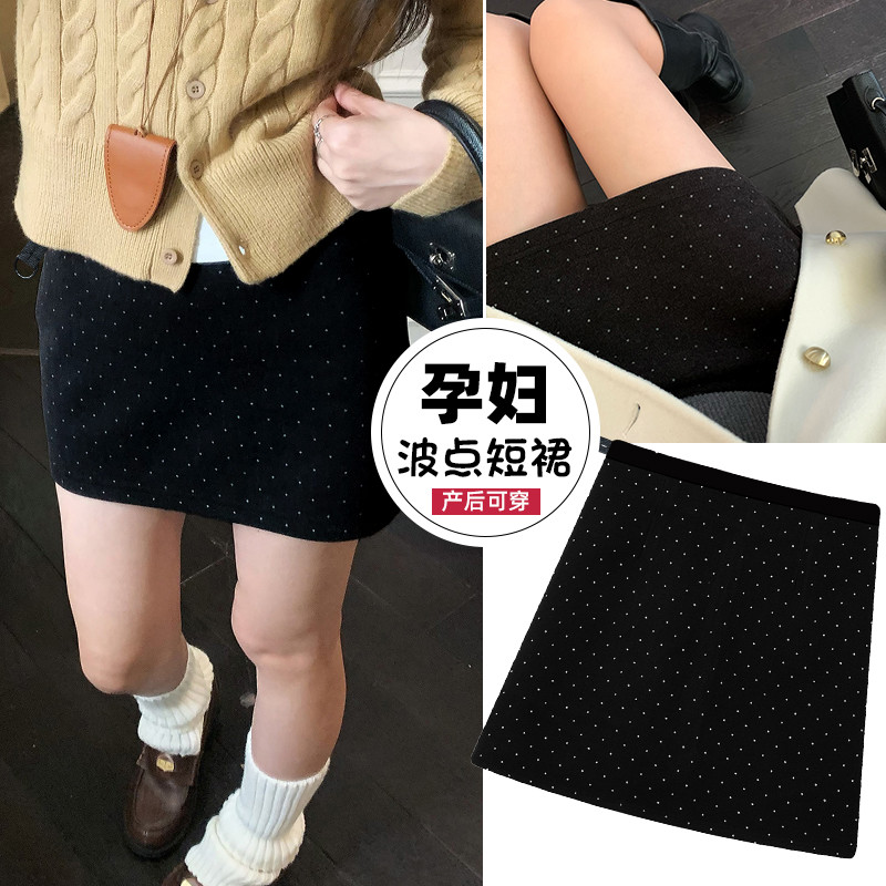 Trang phục bà bầu Thu đông Len dày chấm bi Váy chải cổ điển