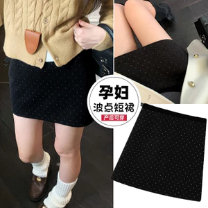 Trang phục bà bầu Thu đông Len dày chấm bi Váy chải cổ điển