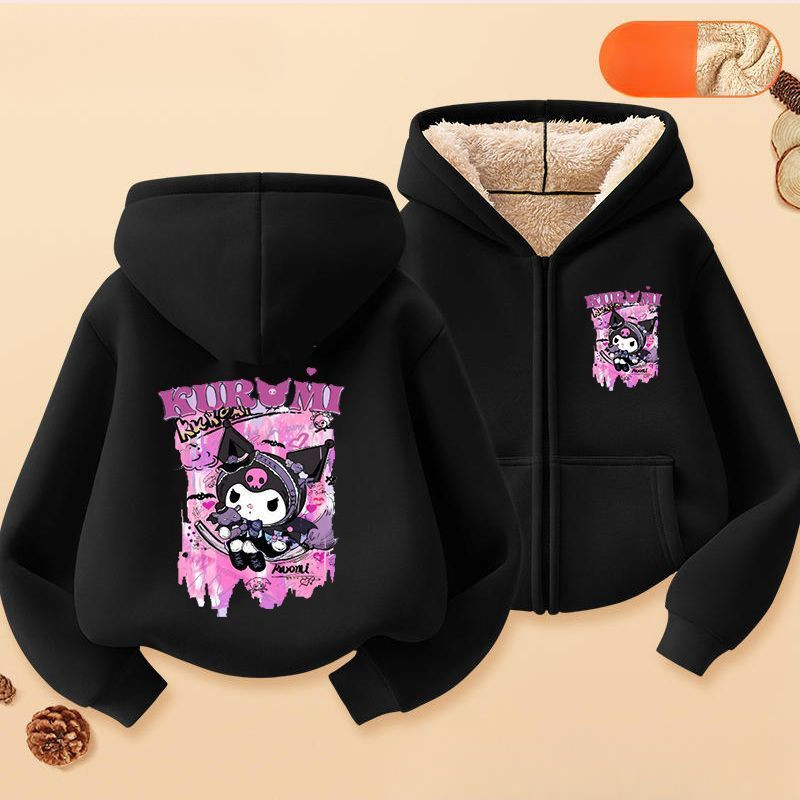 Áo Hoodie có khóa kéo dành cho trẻ em Kuromi 2025 Sanrio Thiết kế nhân vật Áo chui đầu mùa đông cho bé gái