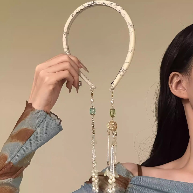 Mauropoli băng đô tua rua cổ điển màu mực xanh, phù hợp phong cách dân tộc và kẹp tóc