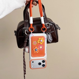Hàn Quốc Ngọt Ngào Girly 3D Hoa Khe Cắm Thẻ Túi Màu Cam Wrsit Dây Đeo Ốp Lưng Điện Thoại iPhone 17Promax 11 12 13 14 15 16 Pro Max 15Plus Silicon Mềm Chống Sốc Vỏ Di Động