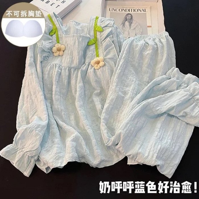 Bộ đồ ngủ dài tay thu đông có miếng đệm ngực Nữ 2025 Phiên bản Hàn Quốc Bộ đồ hoa nhỏ dễ thương Quần áo tại nhà dành cho sinh viên