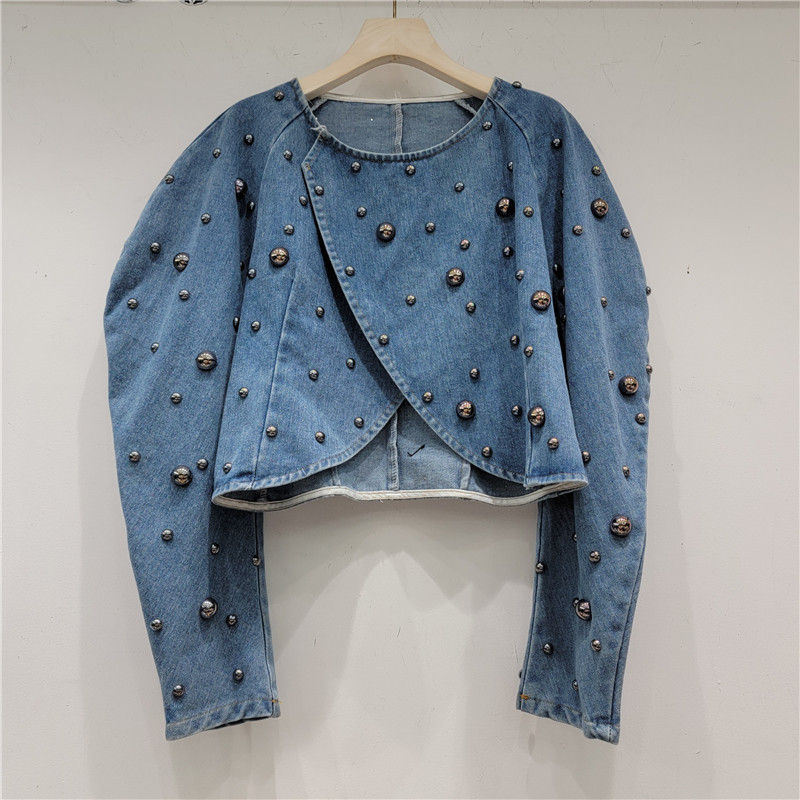 Top nữ denim tay ngắn phong cách Hàn Quốc, móng tay tròn đinh tán puff
