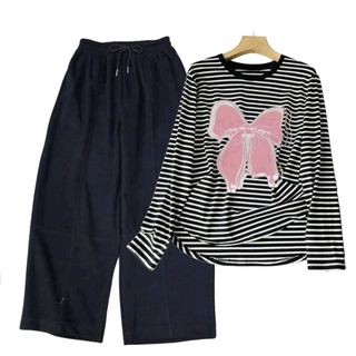 SÉT BỘ QUẦN CHUN ĐEN HÁCH DÁNG+MIX ÁO SỌC NGANG DÀI TAY CỔ TRÒN CHẤT COTTON-thuba94