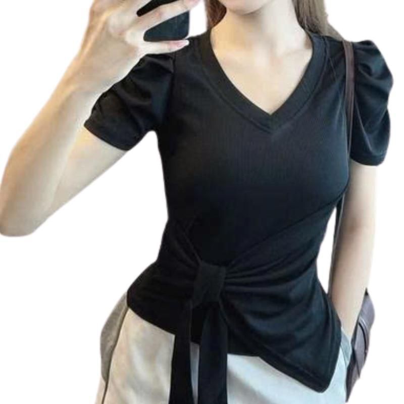 Áo Thun Bigsize Tay Ngắn Cột Nơ Dễ Thương ESHOP Áo Thun Nữ Cổ Tim Tay Phồng Ôm Body MS473
