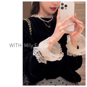 Milyfashion Retro Ren Khâu Vàng Nhung Áo Sơ Mi Mùa Dài Tay Hoa