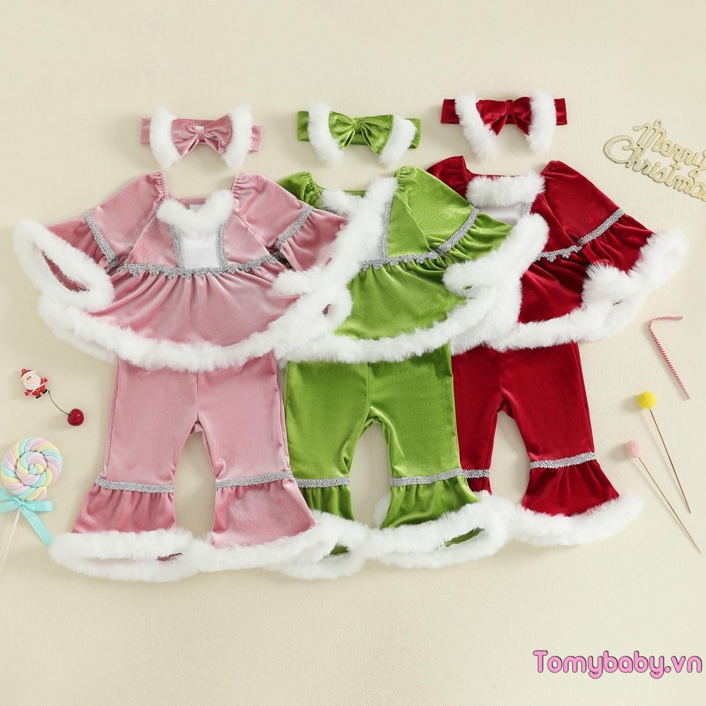 Trẻ mới biết đi Trang phục ông già Noel Giáng sinh sang trọng Áo dài tay chắp vá + Quần loe lưng co giãn + Bộ băng đô