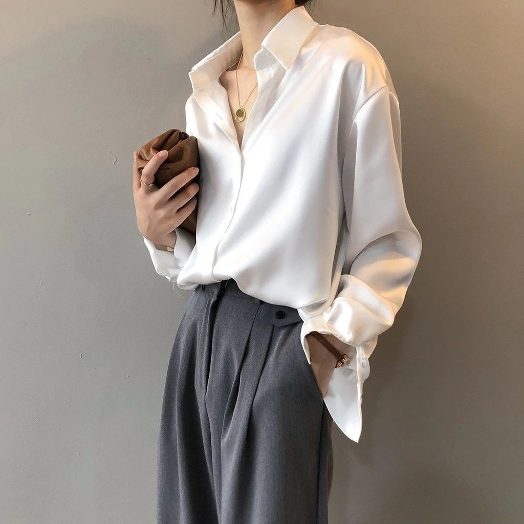 Áo sơ mi trắng tay dài nữ thời trang công sở, chất liệu satin cao cấp, phù hợp văn phòng
