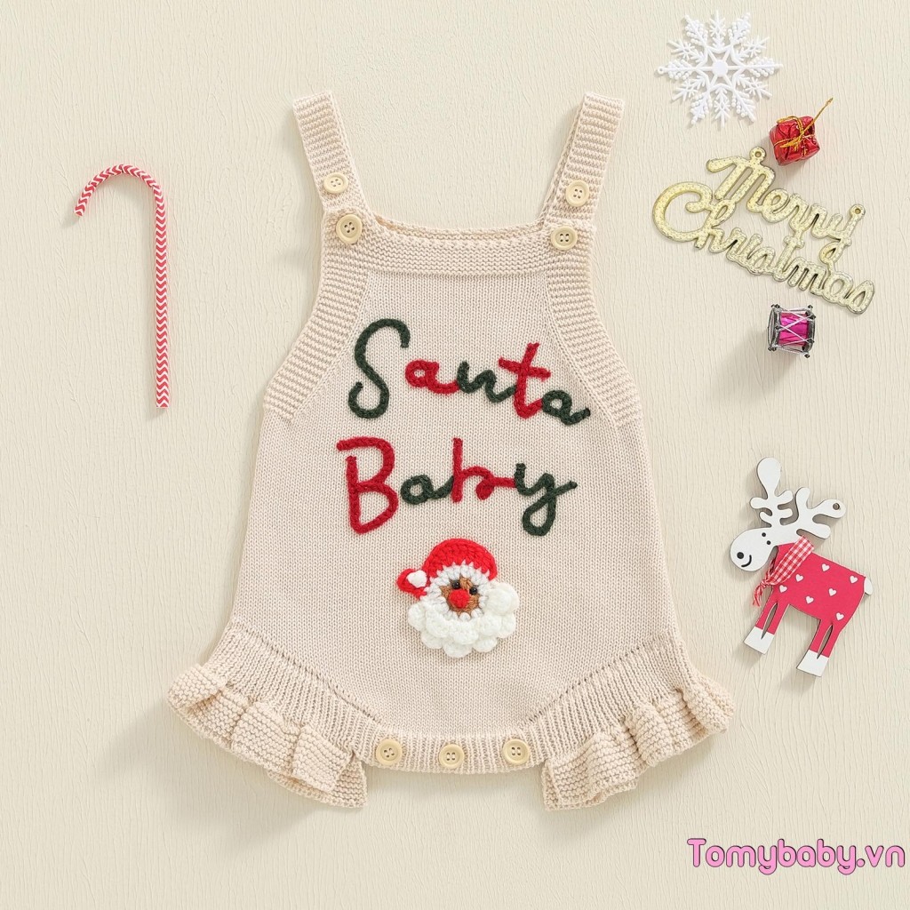 Bé Gái Áo Liền Quần Giáng Sinh Dễ Thương Ông Già Noel Thêu Không Tay Mùa Thu Dệt Kim Jumpsuit