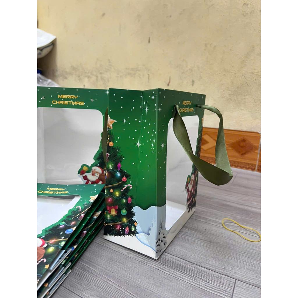 Combo 10 Túi Đựng Quà Noel Cửa Sổ Trong Mica – Túi Giấy Giáng Sinh Xanh Đựng Quà Tặng Lễ, Bao Bì Noel Đẹp