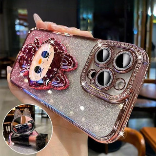 Ốp lưng iPhone lấp lánh kèm giá đỡ xoay Labubu và gương mini cho iPhone 12 13 14 15 16 17 Pro Max 17 Air