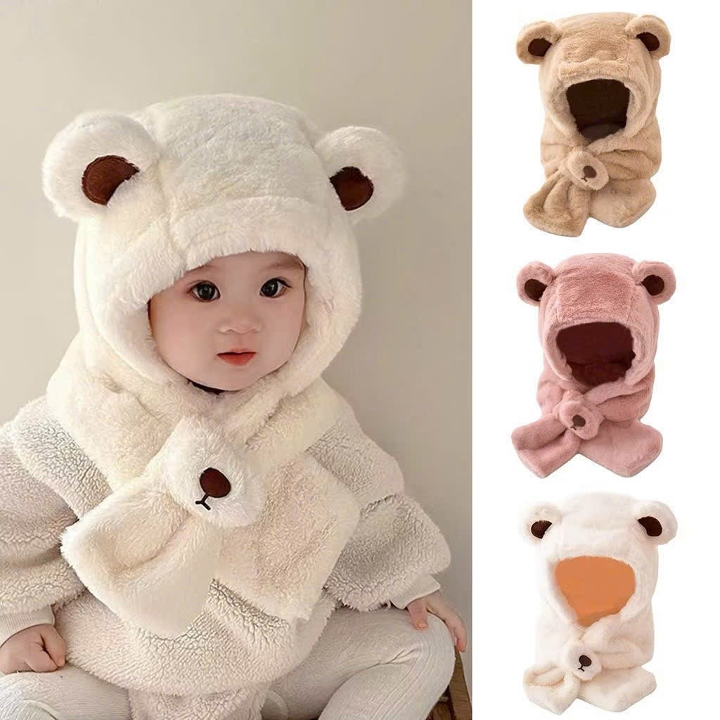 Mũ Lông Thỏ Tai Gấu Trùm Đầu Kèm Khăn Quàng Cổ Ấm Áp Họa Tiết Gấu Dễ Thương Cho Bé Quà Giáng Sinh Cho Bé
