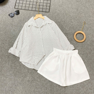 SET Đồ Nữ Bigsize Áo Sơ Mi Kẻ Sọc Thời Trang Kèm Quần Đùi Lưng Chun Co Giãn Thoải Mái A328+Q500
