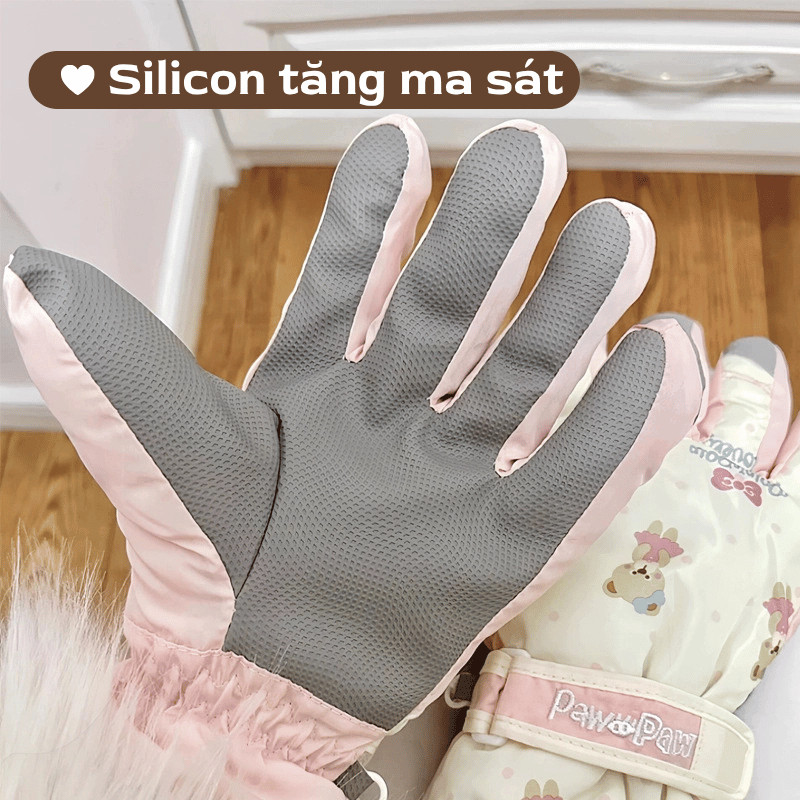 Găng Tay Lót Lông Mùa Đông Dày Dặn Ấm Áp Chống Nước, Chống Trơn, Họa Tiết Gấu Dễ Thương