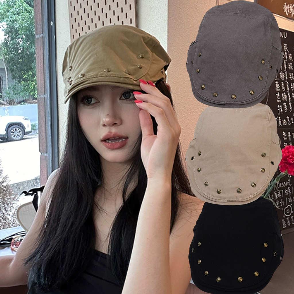Mũ nồi đinh tán cổ điển nghệ sĩ Y2K phong cách Hàn Quốc, thoải mái điều chỉnh, 3 màu lựa chọn