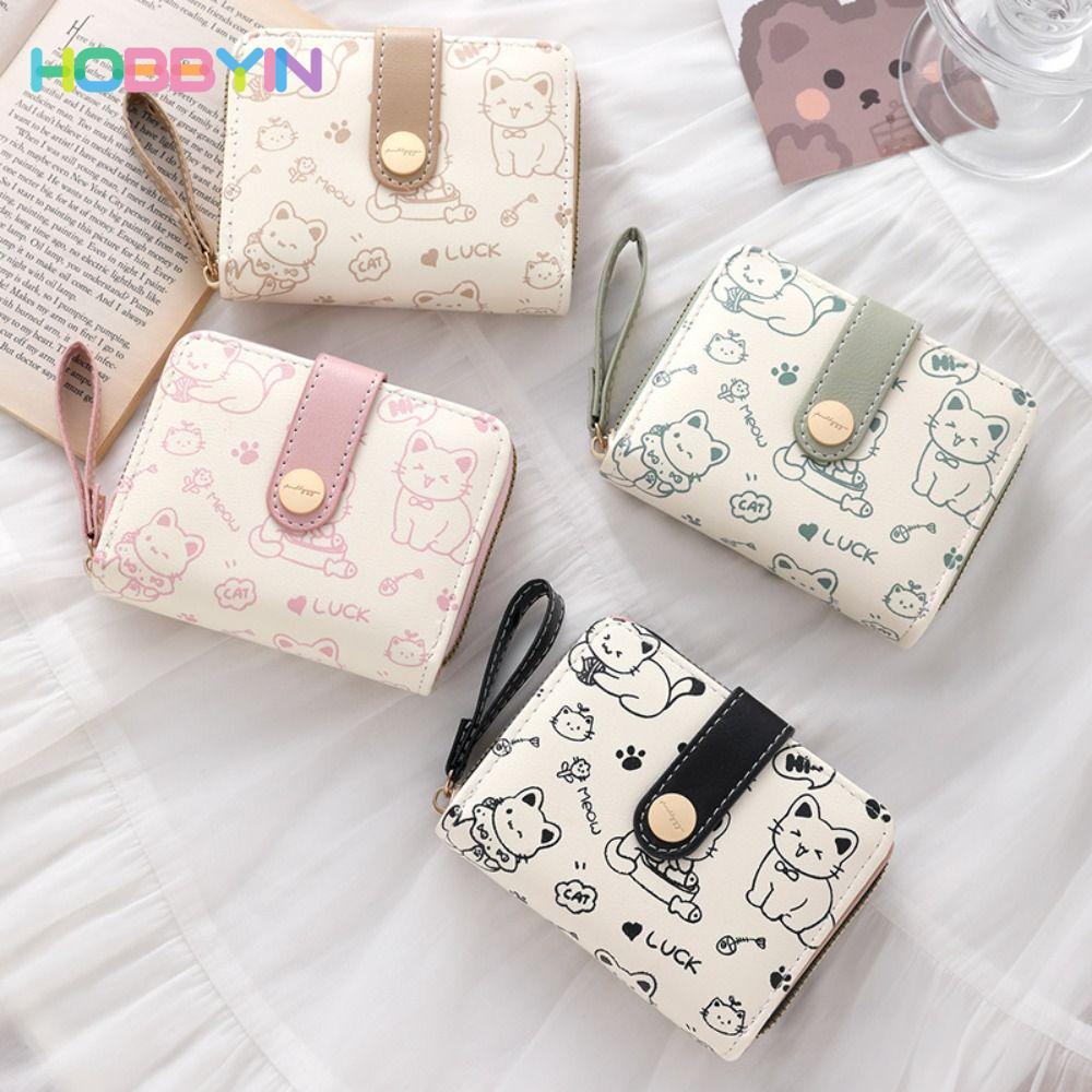 Ví ngắn HOBBYIN, Hộp đựng thẻ ID nhẹ hình mèo dễ thương, Túi đựng tiền bằng da PU dung tích lớn thời trang