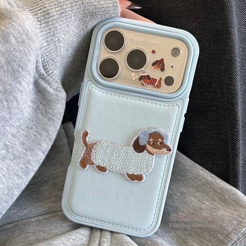 Tương thích với iPhone 17 16 15 14 13 12 11 Pro Max X Xr Xs Max 7 8 Plus SE2020 Ốp điện thoại 3D DIY Blue thêu Dachshund Soft Back Cover