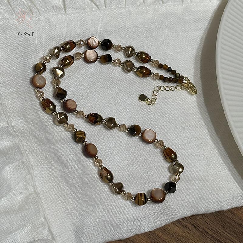 Hổ mắt đá choker handmade nâu tự nhiên, đính hạt - phụ kiện thời trang dành cho nữ