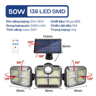 Đèn năng lượng mặt trời 80w 3 bóng 75 đèn LED cảm biến chuyển động chống nước tự động bật tắt khi có người đi ngang qua