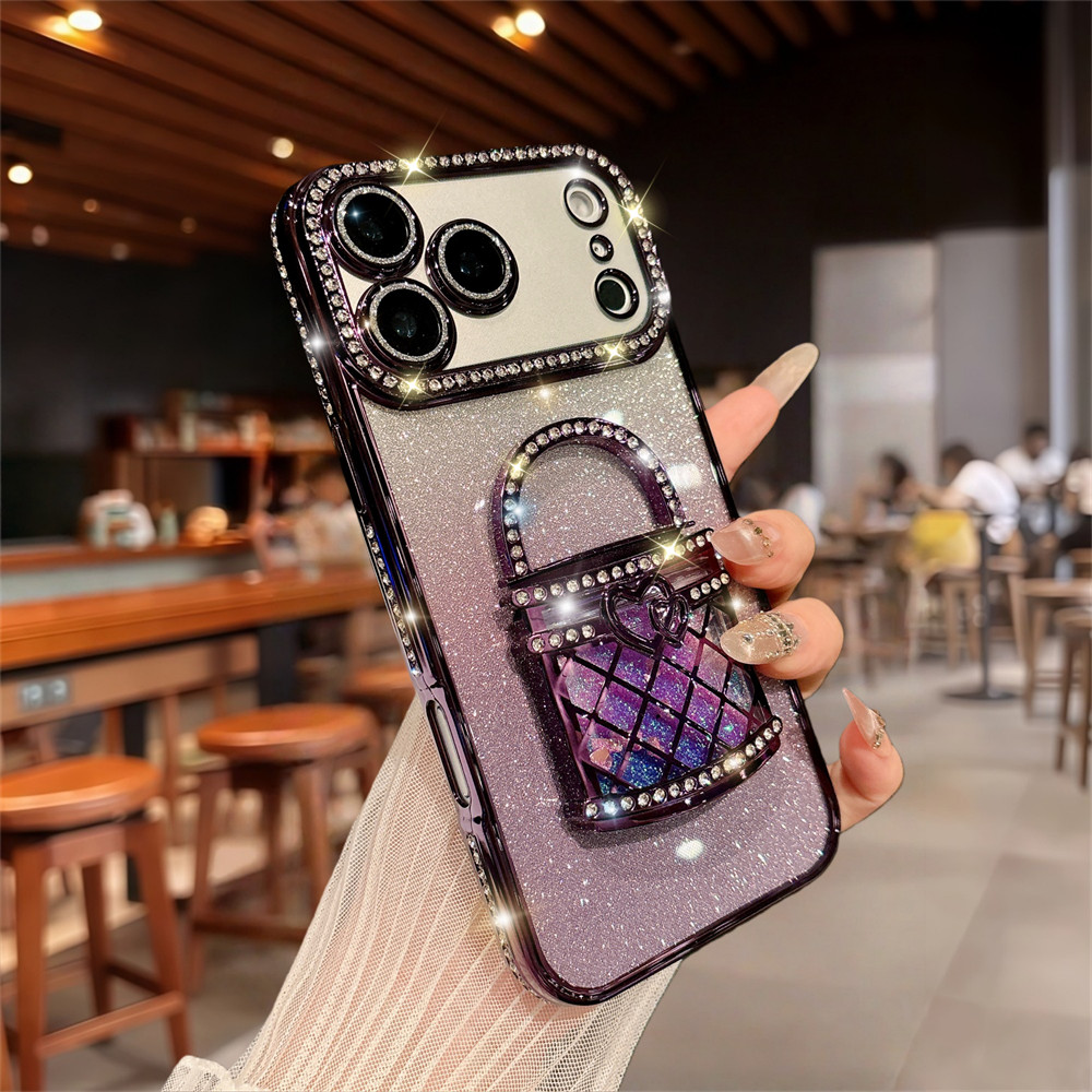 Sang Trọng Gương Lấp Lánh Giá Đỡ Ốp Lưng Điện Thoại iPhone 17 Pro Max 16 12 13 14 15 Pro Max Ống Kính Bảo Vệ Camera Vỏ Chống Sốc TPU Vỏ Mềm Điện Thoại