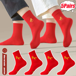 Tất cotton co giãn mềm mại - Thích hợp làm quà tặng Năm Mới với thiết kế ống giữa và màu đỏ chủ đề năm con Ngựa 2026