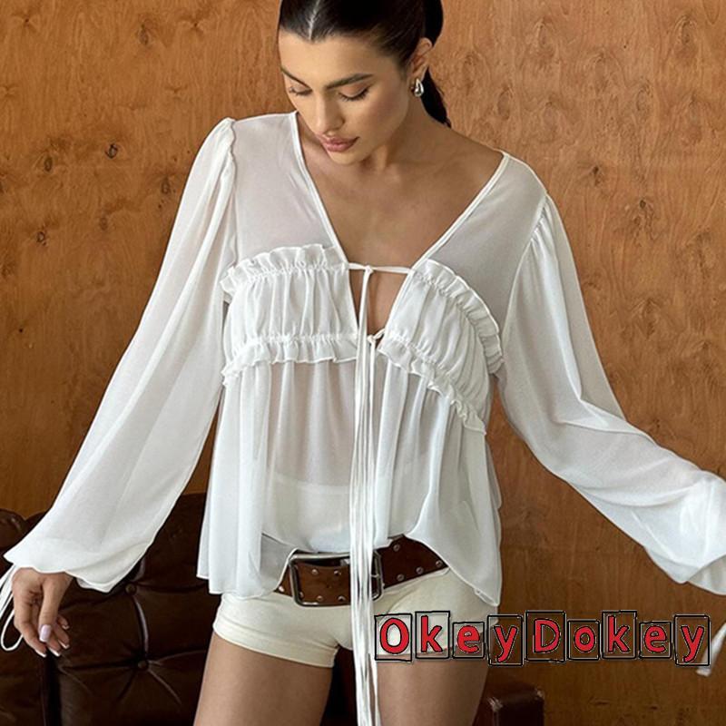 OKDK - Áo sơ mi dáng rộng thắt nơ phía trước, cổ chữ V, phù hợp mùa hè