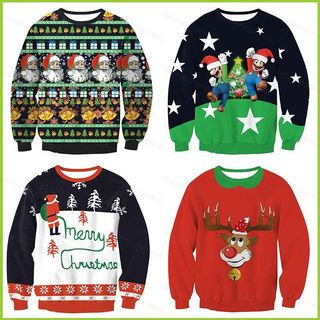 Áo len Giáng Sinh cổ tròn tay dài, thiết kế unisex với in hình 3D, phù hợp thời trang hàng ngày, có sẵn plus size.