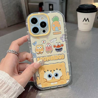Vỏ gương cặp đôi hoạt hình dễ thương SpongBob Patrick Star + Dây chuyền cho IPhone 16 11 15 14 13 12 Pro Max X Xr Xs Max 7 8 Plus Vỏ điện thoại bảo vệ ống kính chống sốc mềm Vỏ màu đen