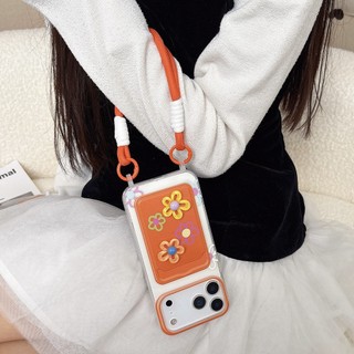 Hàn Quốc Ngọt Ngào Girly 3D Hoa Khe Cắm Thẻ Túi Màu Cam Wrsit Dây Đeo Ốp Lưng Điện Thoại iPhone 17Promax 11 12 13 14 15 16 Pro Max 15Plus Silicon Mềm Chống Sốc Vỏ Di Động