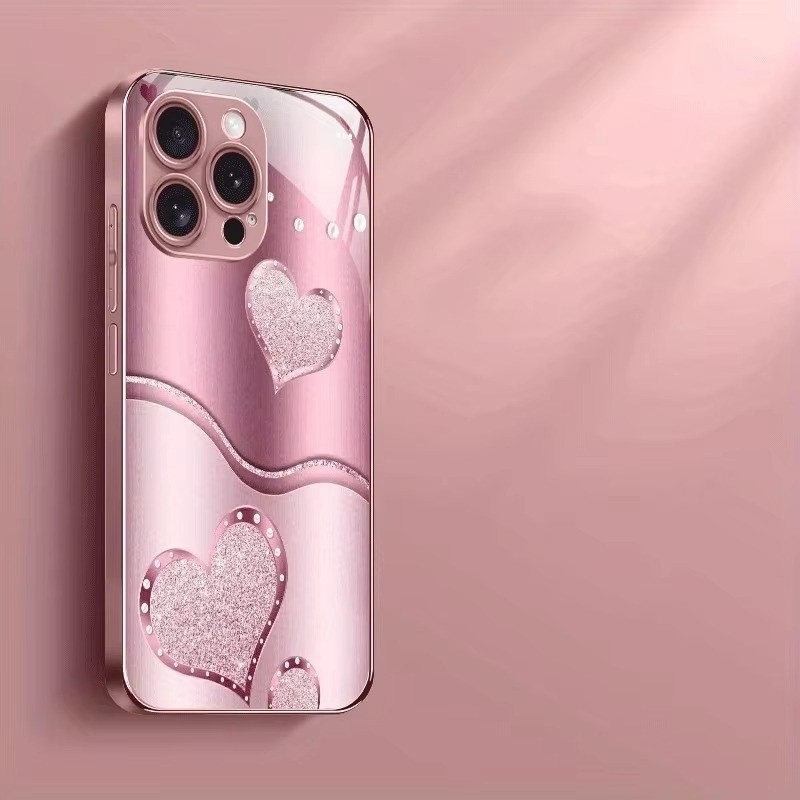 Ốp điện thoại cứng hình trái tim tình yêu dễ thương màu hồng bằng kim loại màu hồng cho iPhone 17 Air 17 16 15 14 13 12 11 Pro Max Plus 16E