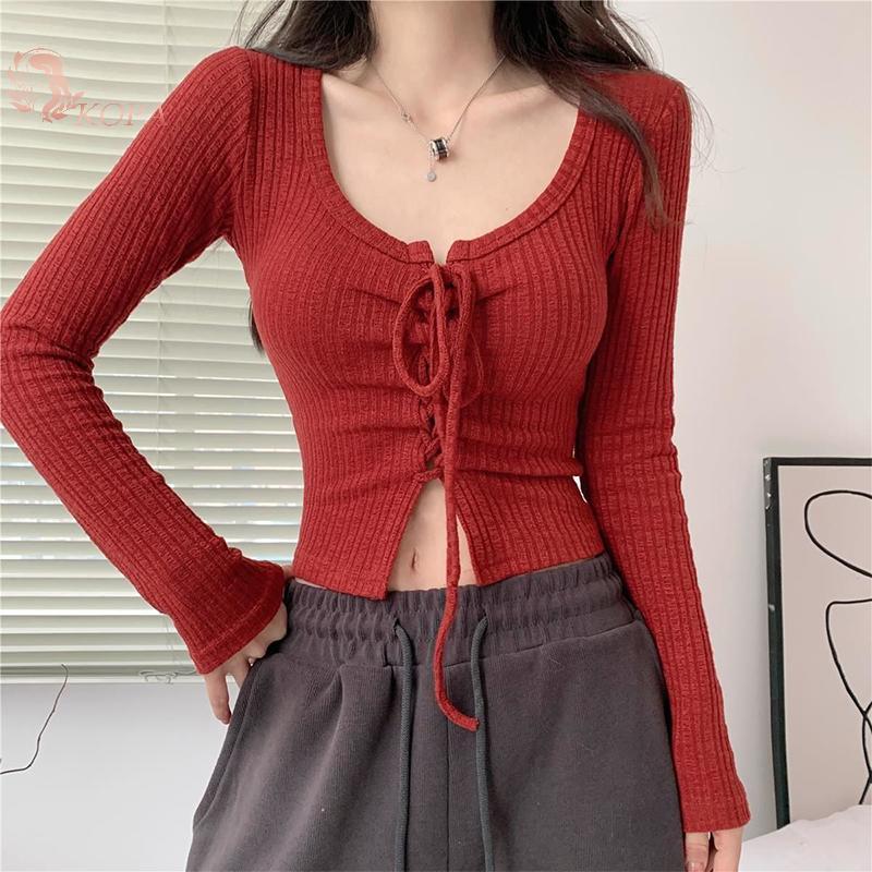 KOPA Pure Desire - Áo Thun Nữ Cổ Chữ U Phối Ren Tay Dài, Gợi Cảm và Sang TrỌng