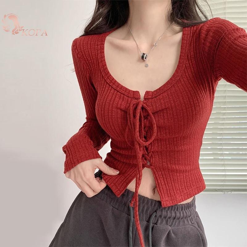 KOPA Pure Desire - Áo Thun Nữ Cổ Chữ U Phối Ren Tay Dài, Gợi Cảm và Sang TrỌng