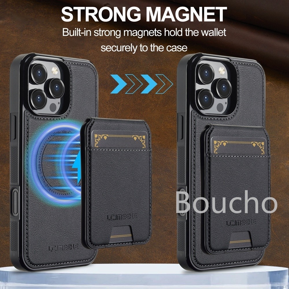 2 Trong 1 Khe Cắm Thẻ Từ Tính Da PU Ốp Lưng Điện Thoại iPhone Air 16 15 14 Plus 17 Pro Max Hai Lớp Đứng Đứng Ví