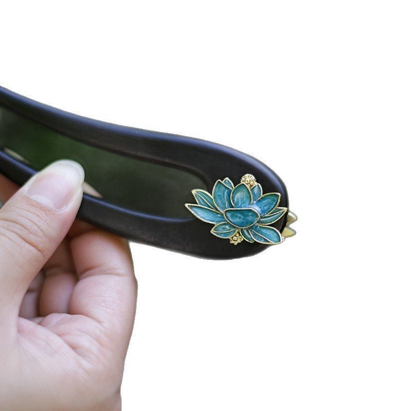 Kẹp Tóc Tua Rua Hình Chữ U Gỗ Mun Cổ Điển Hai Mặt Sen Cloisonné Phong Cách Trung Hoa Thích Hợp Với Hanfu Sườn Xám