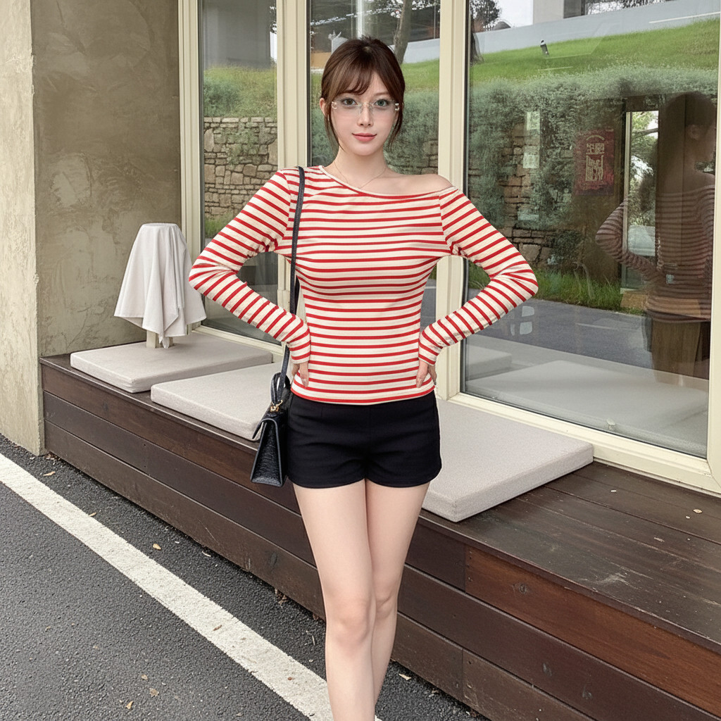 Áo Thun Nữ BABEE Kiểu Cổ Lệch Vai Tay Dài Họa Tiết Kẻ Sọc Xinh Xắn Ôm Body Trẻ Trung Cá Tính