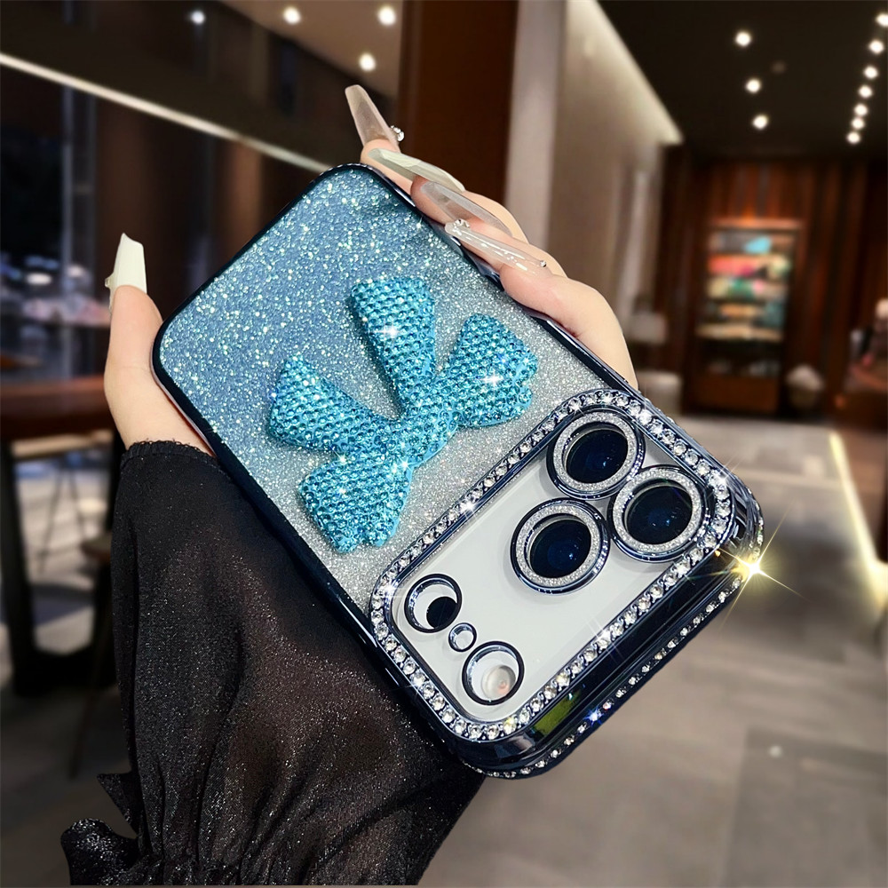 Ốp điện thoại nơ kim cương lấp lánh sang trọng cho iPhone 17 Pro Max 13 14 15 16 pro max Ống kính không khí Bảo vệ Camera TPU vỏ mềm bảo vệ điện thoại